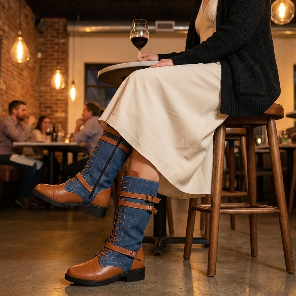 Denara - Denim and Leather Mid-Calf Riding Boots