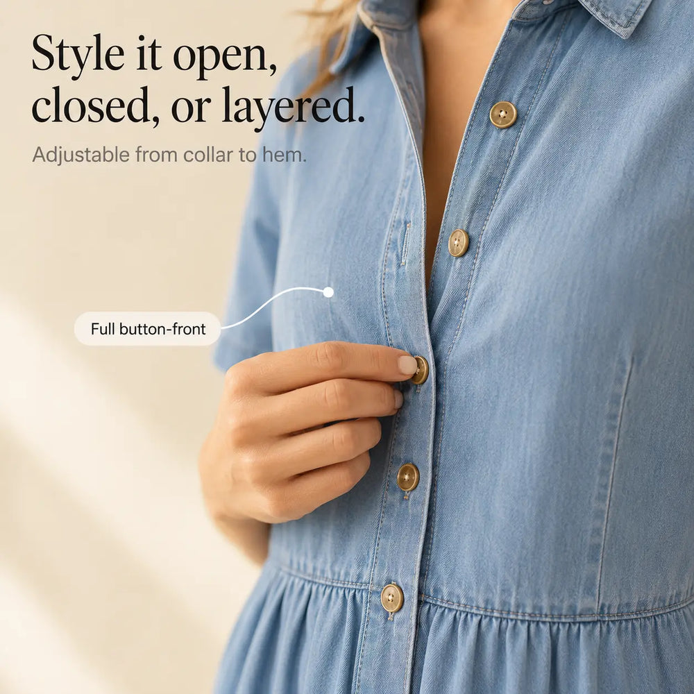 Soléa – Women's Shirt Dress with Pockets, A-Line Midi, Button Down