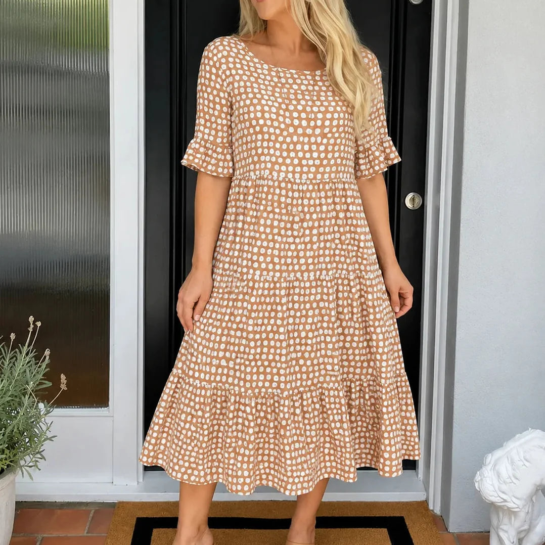 Soleluna – Tiered Polka Dot Midi Dress with Ruffle Sleeves