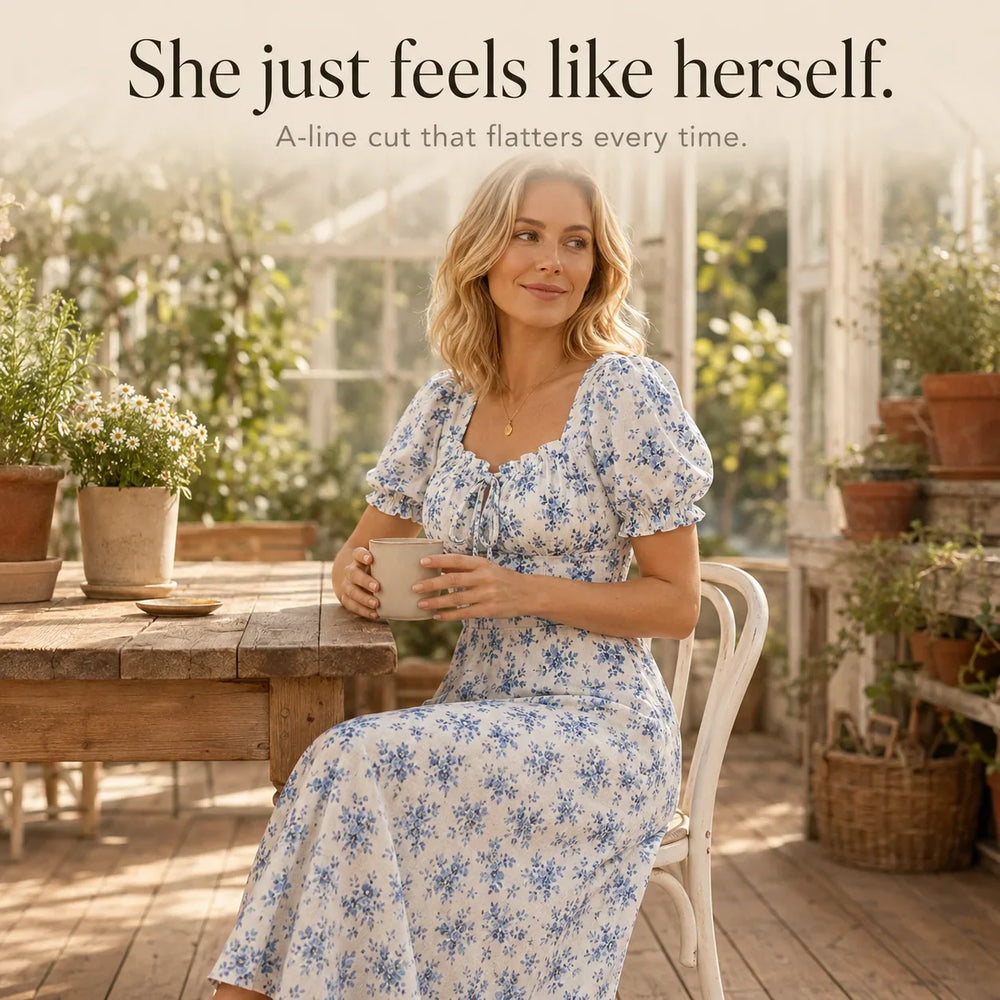 Maevra – Floral Midi Dress with Tie-Front Square Neckline