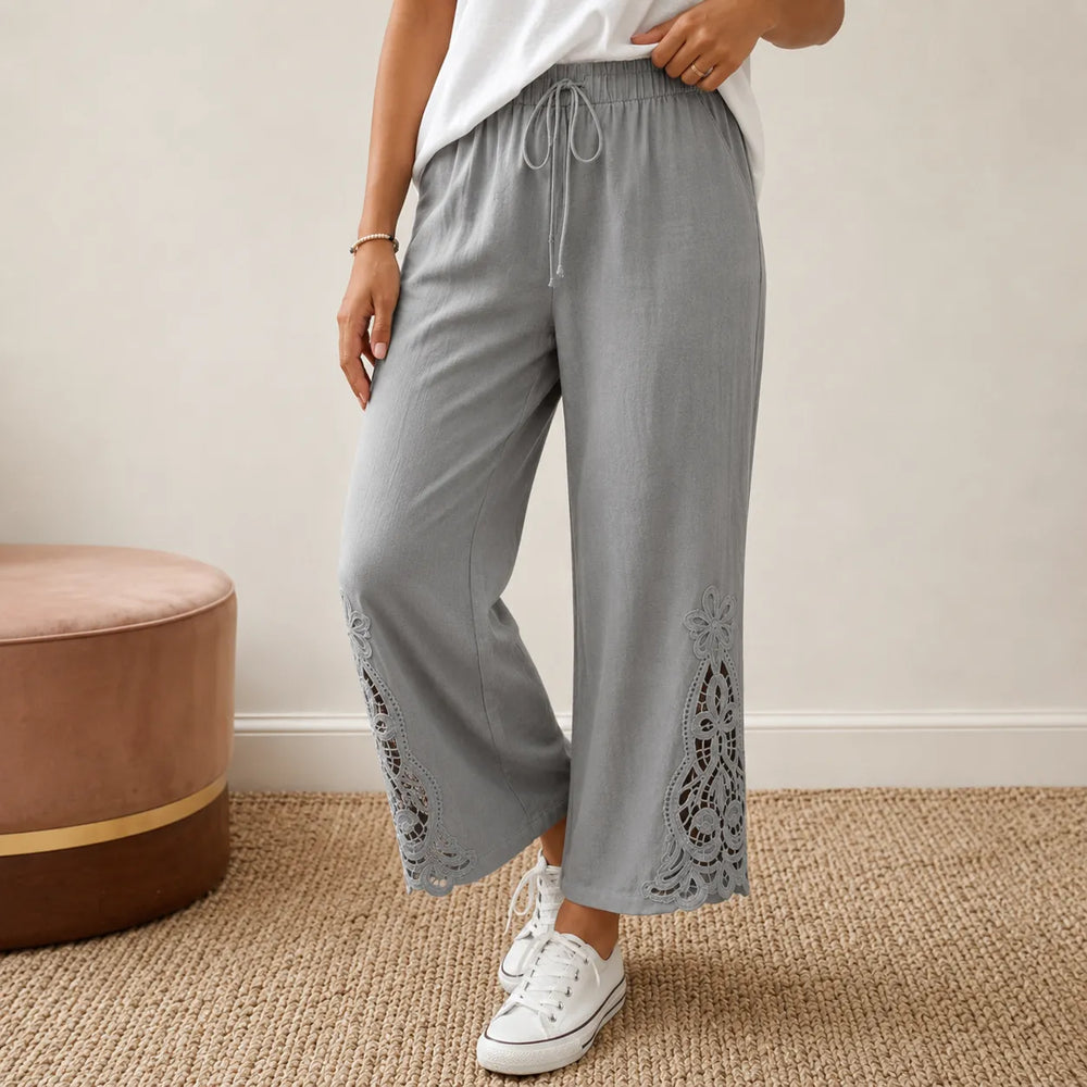 Solenne – Women's Wide Leg Drawstring Pants with Floral Cutwork Hem