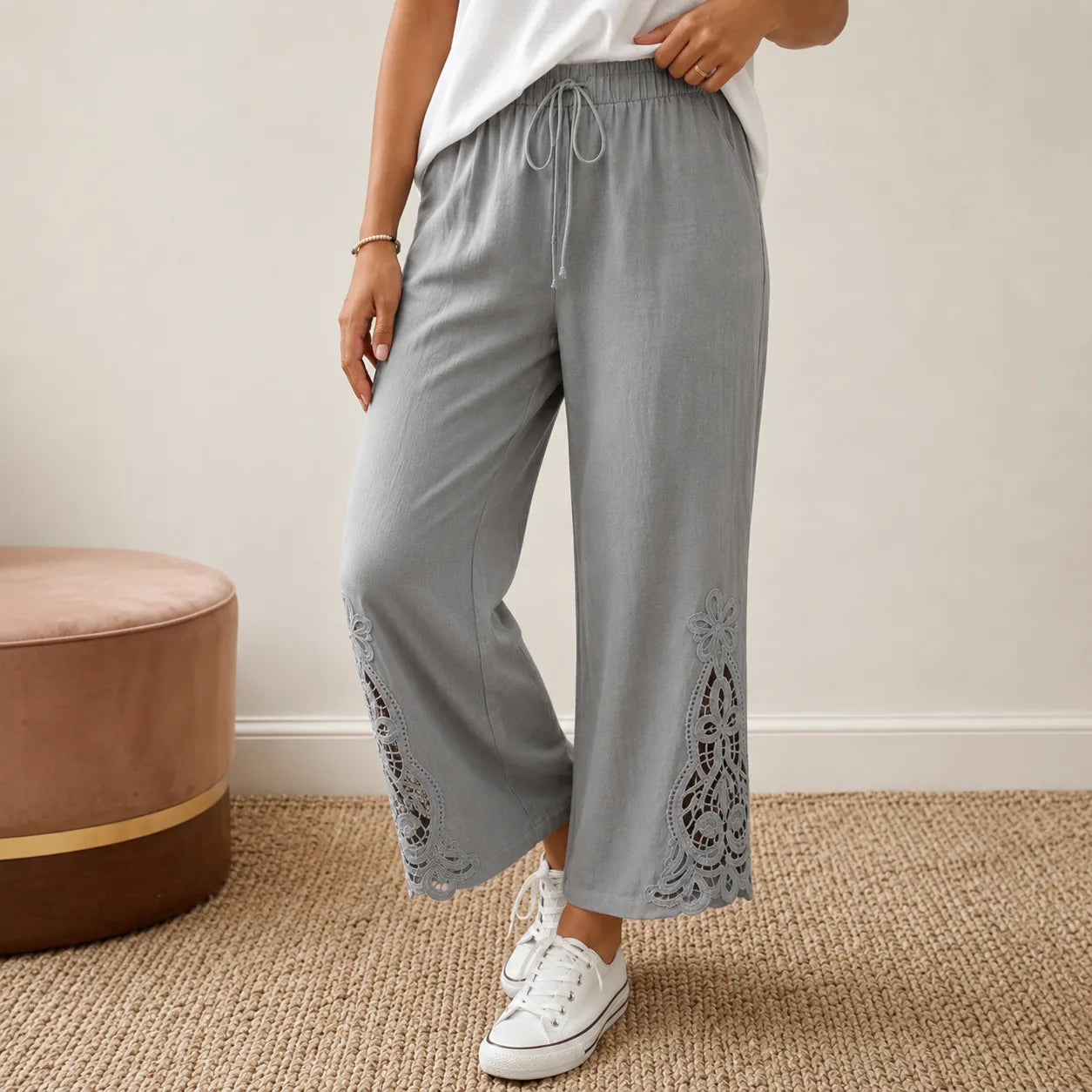 Solenne – Women's Wide Leg Drawstring Pants with Floral Cutwork Hem