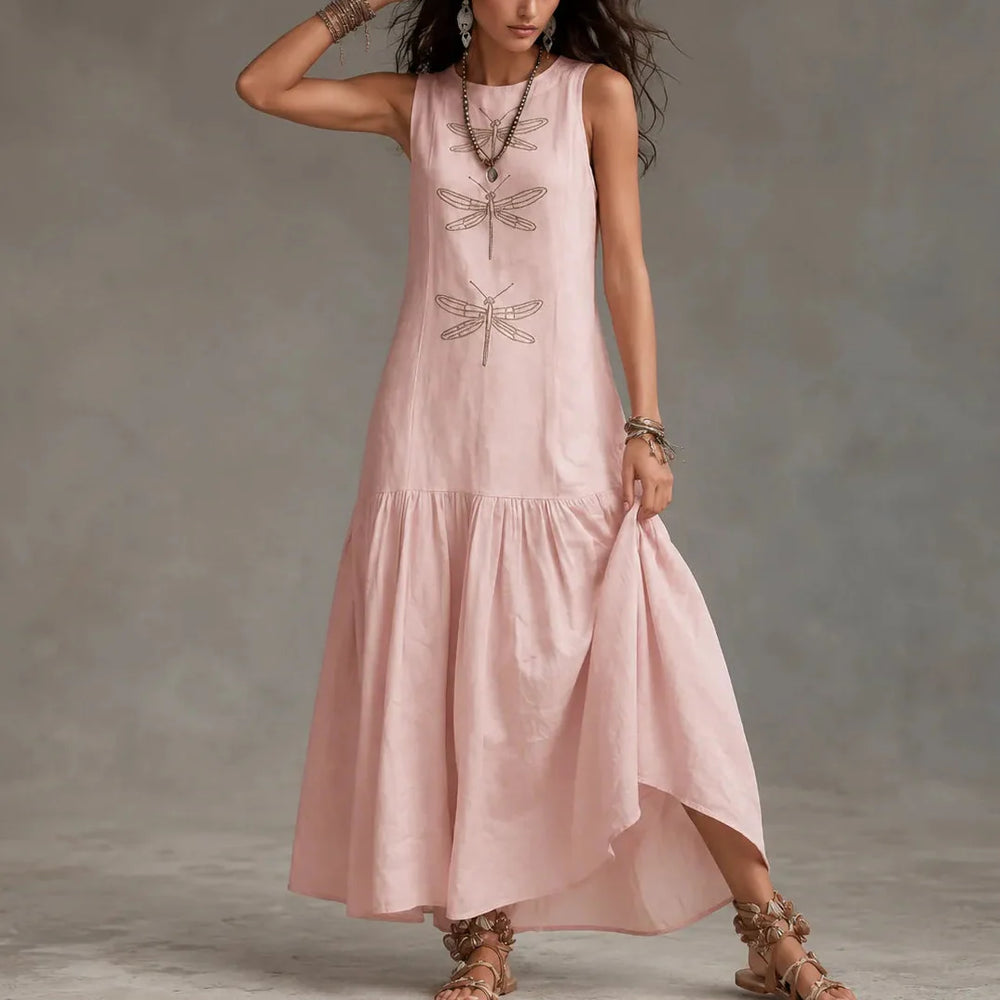 Solenne – Sleeveless Dragonfly Maxi Dress with Drop Waist