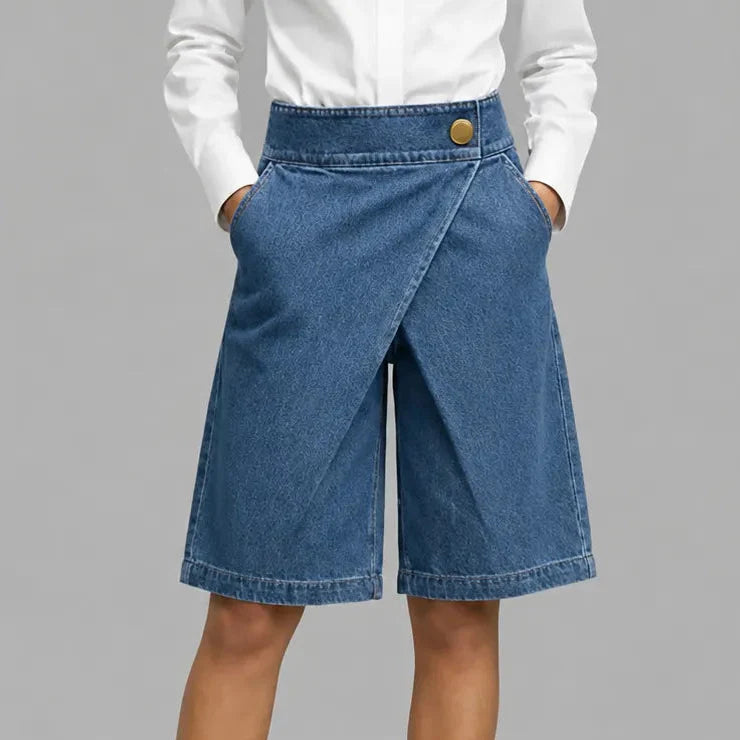 Velara – Asymmetric Wrap-Front Knee-Length Denim Look Bermuda Shorts