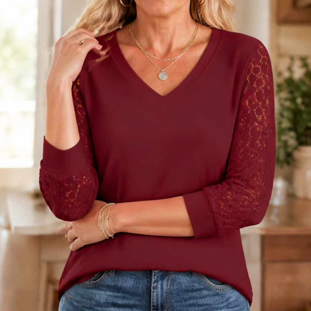 Lumeya™ – Crochet Lace Sleeve V-Neck Top
