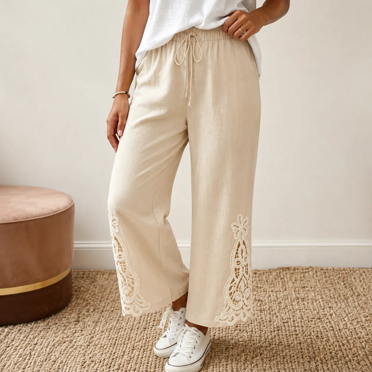 Solenne – Women's Wide Leg Drawstring Pants with Floral Cutwork Hem