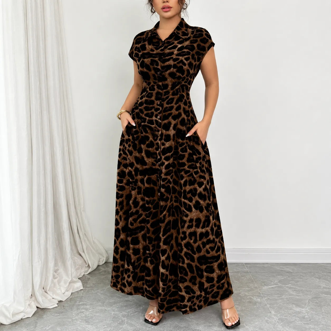 Veluxa – Leopard Print Cinched Waist Maxi Shirt Dress with Pockets