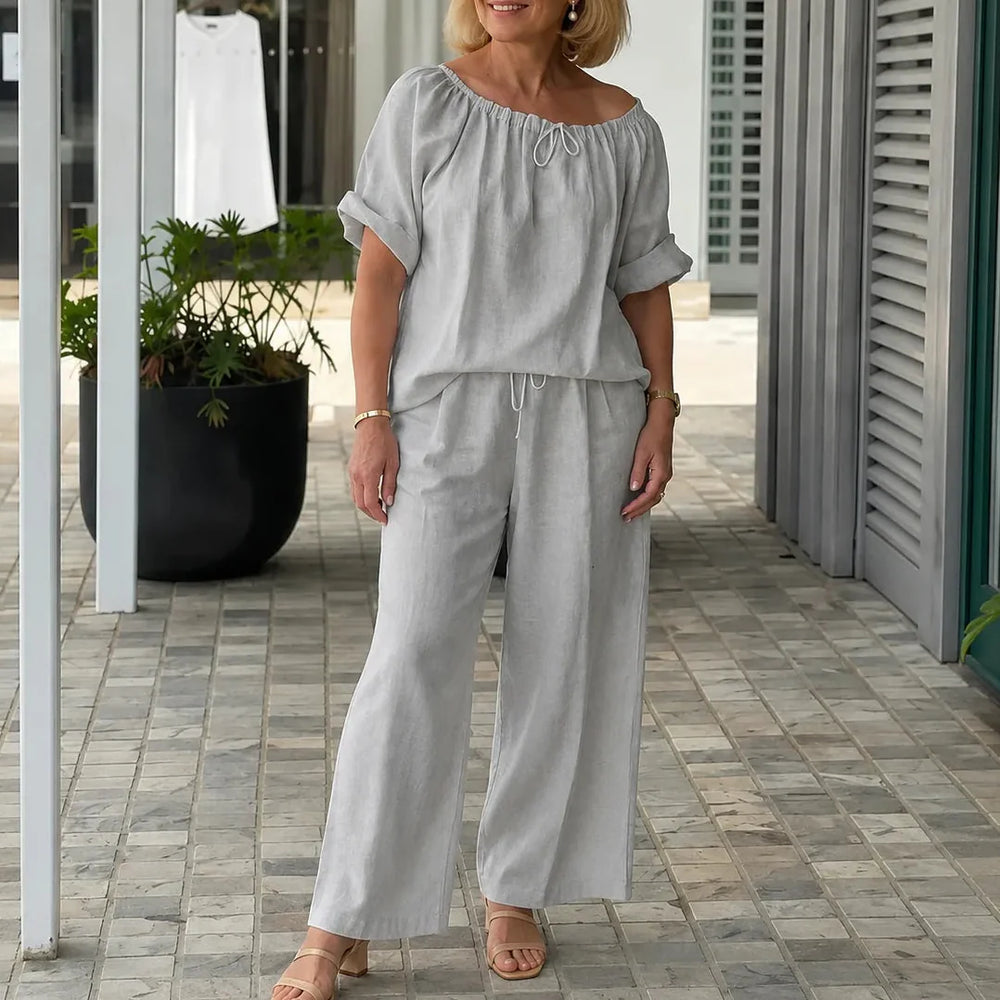 Soléne – Off-Shoulder Drawstring Top & Wide-Leg Pants 2-Piece Set