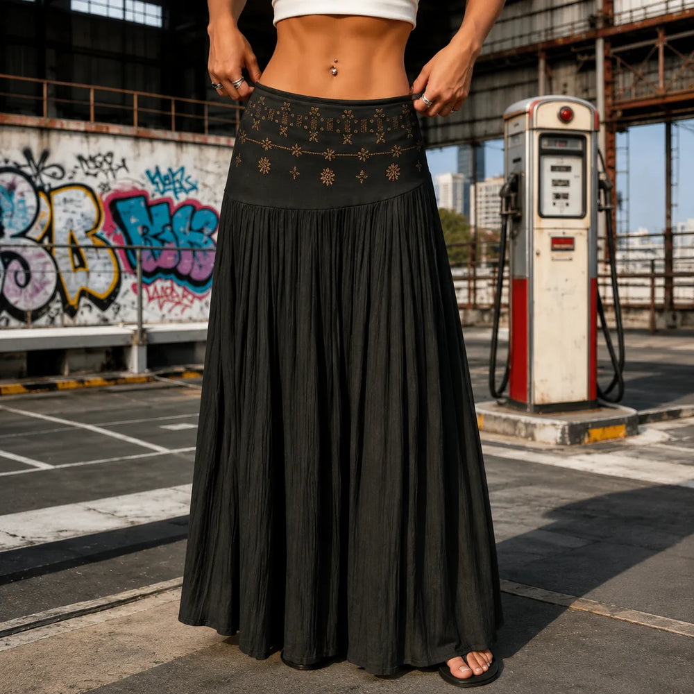 Soléra – High Waist A-Line Boho Maxi Skirt for Women