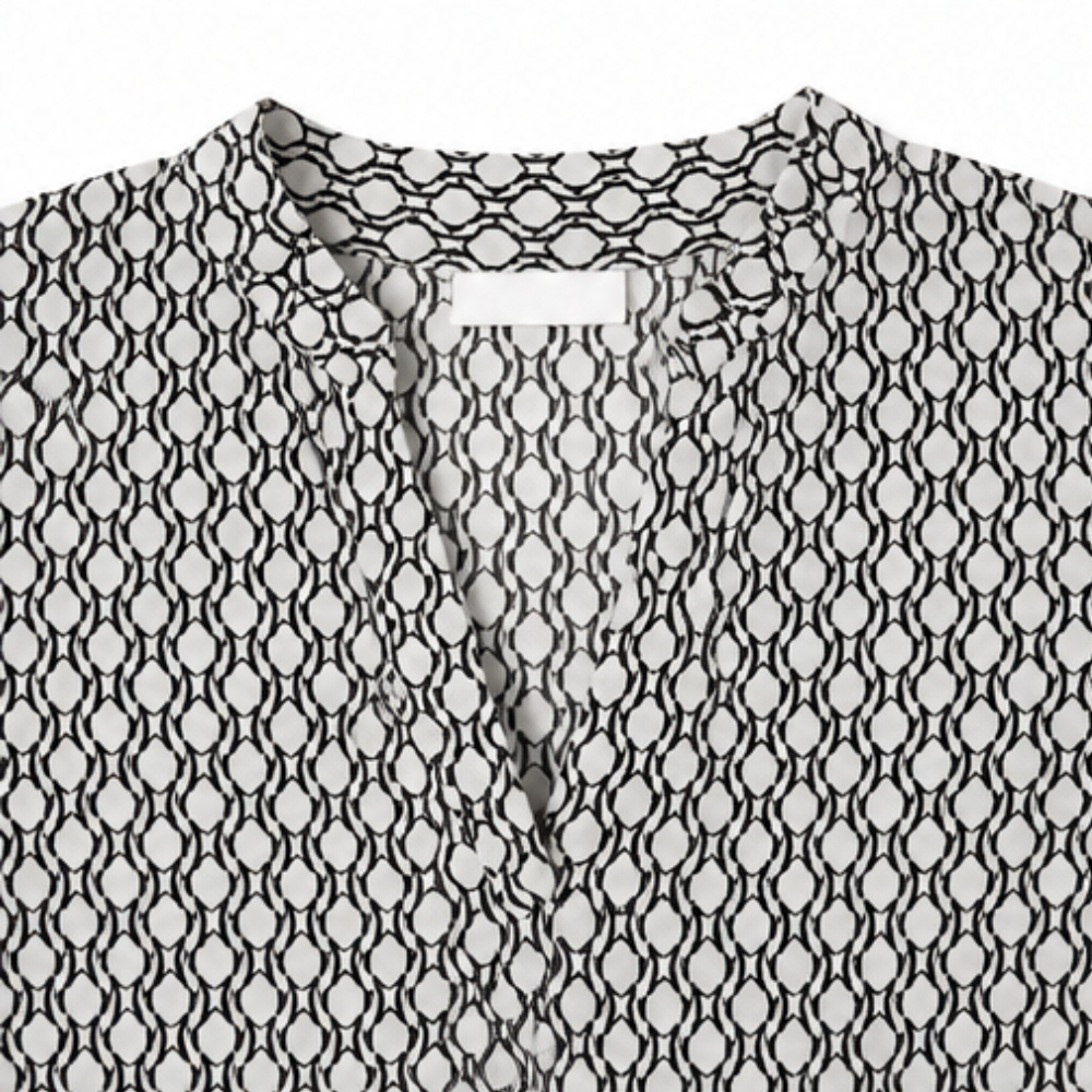Lunavia – Women's Geometric V-Neck Blouse with Roll-Tab Sleeves