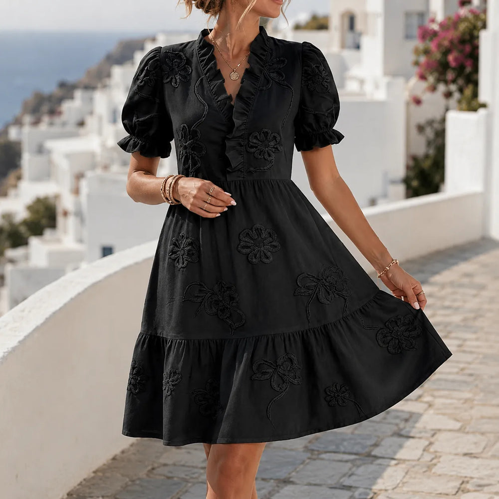Soliera – Floral Puff Sleeve Midi Dress with Ruffle V-Neck