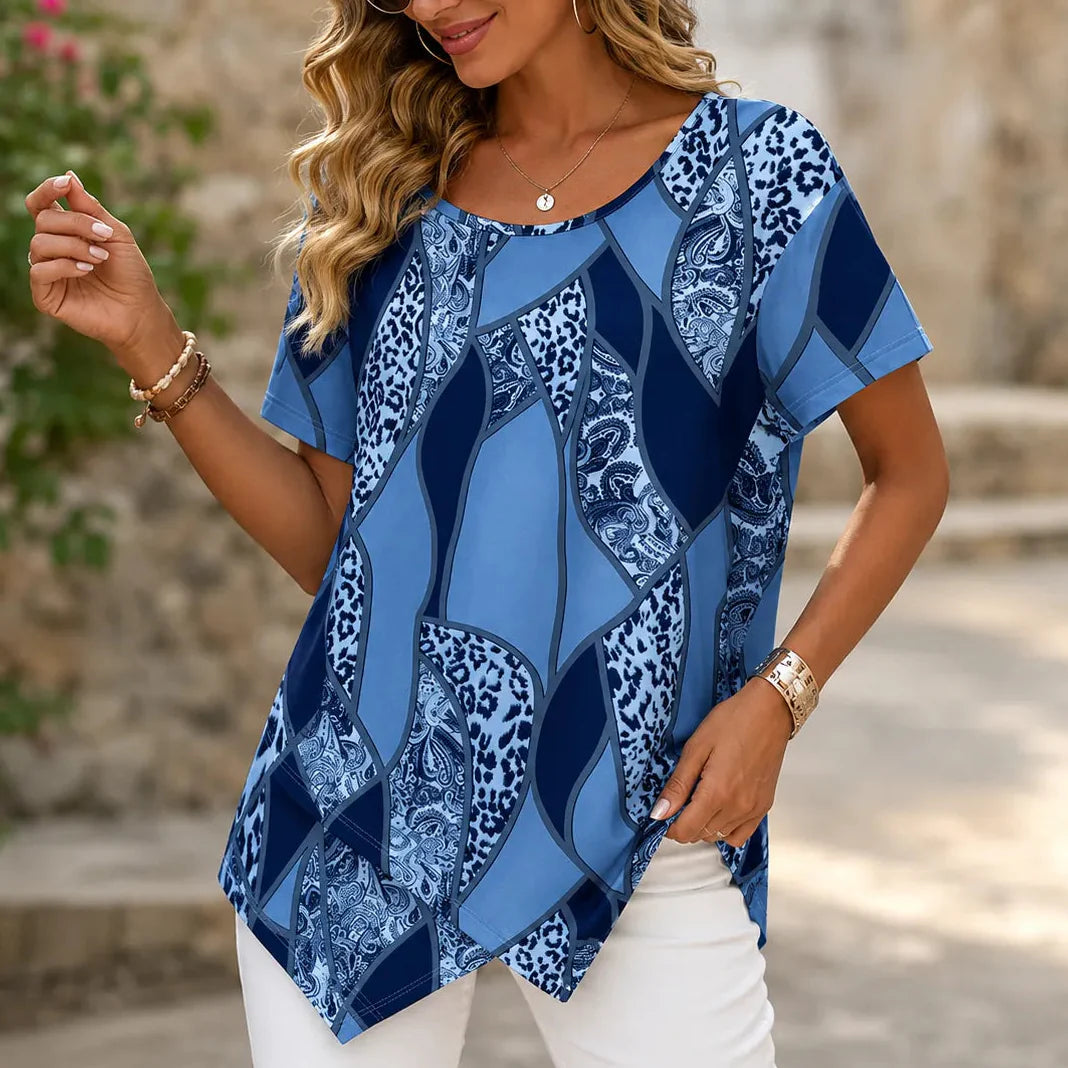 Velora – Asymmetric Hem Leopard Paisley Print Tunic Top