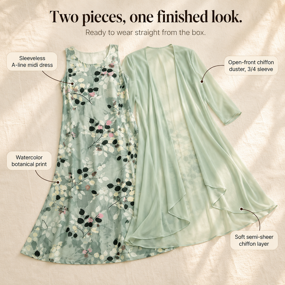 Marisella™ – Floral Midi Dress with Sheer Cardigan 2-Piece Set