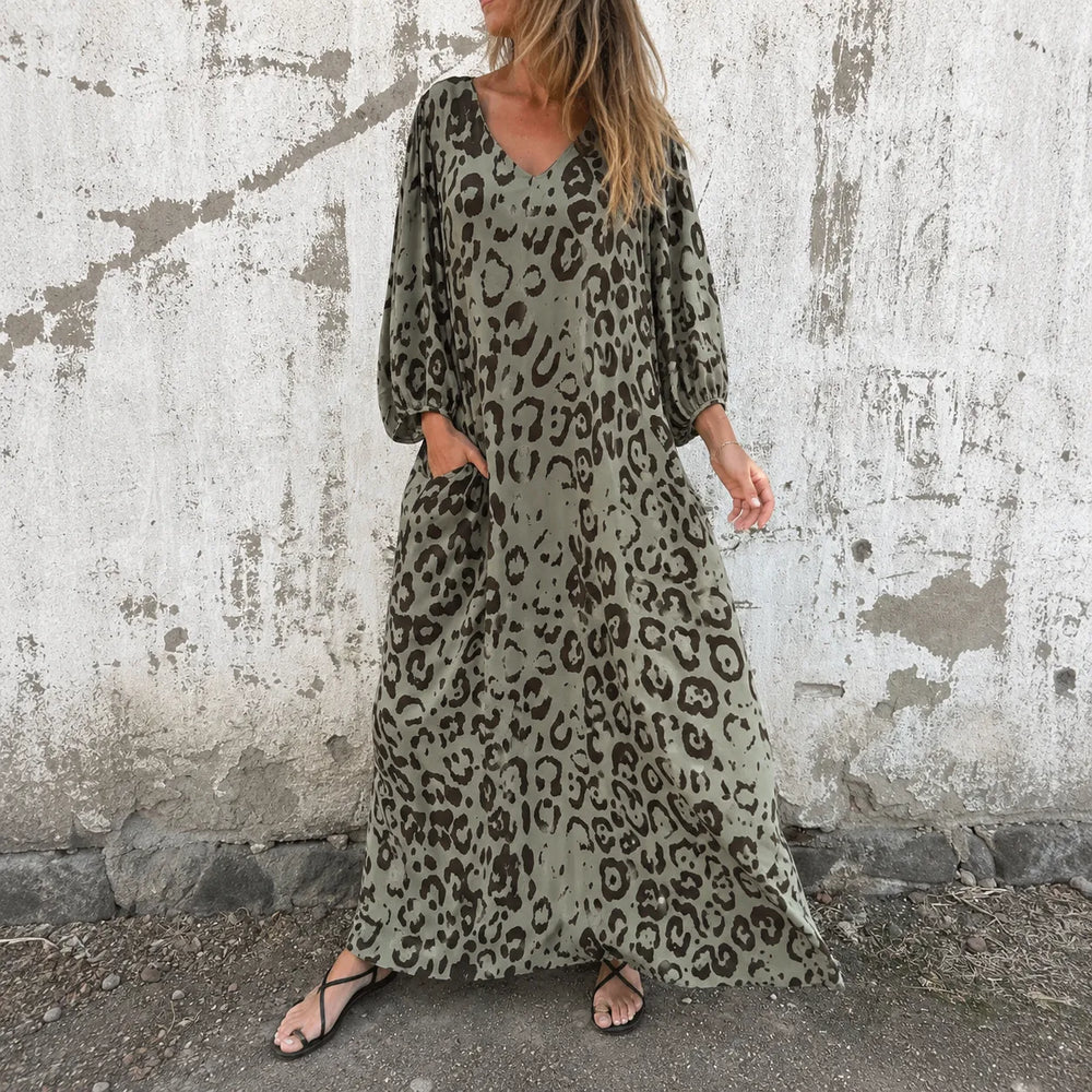 Lunavia – Leopard Print V-Neck Maxi Dress with Pockets, Loose Kaftan Fit, 4 Colors