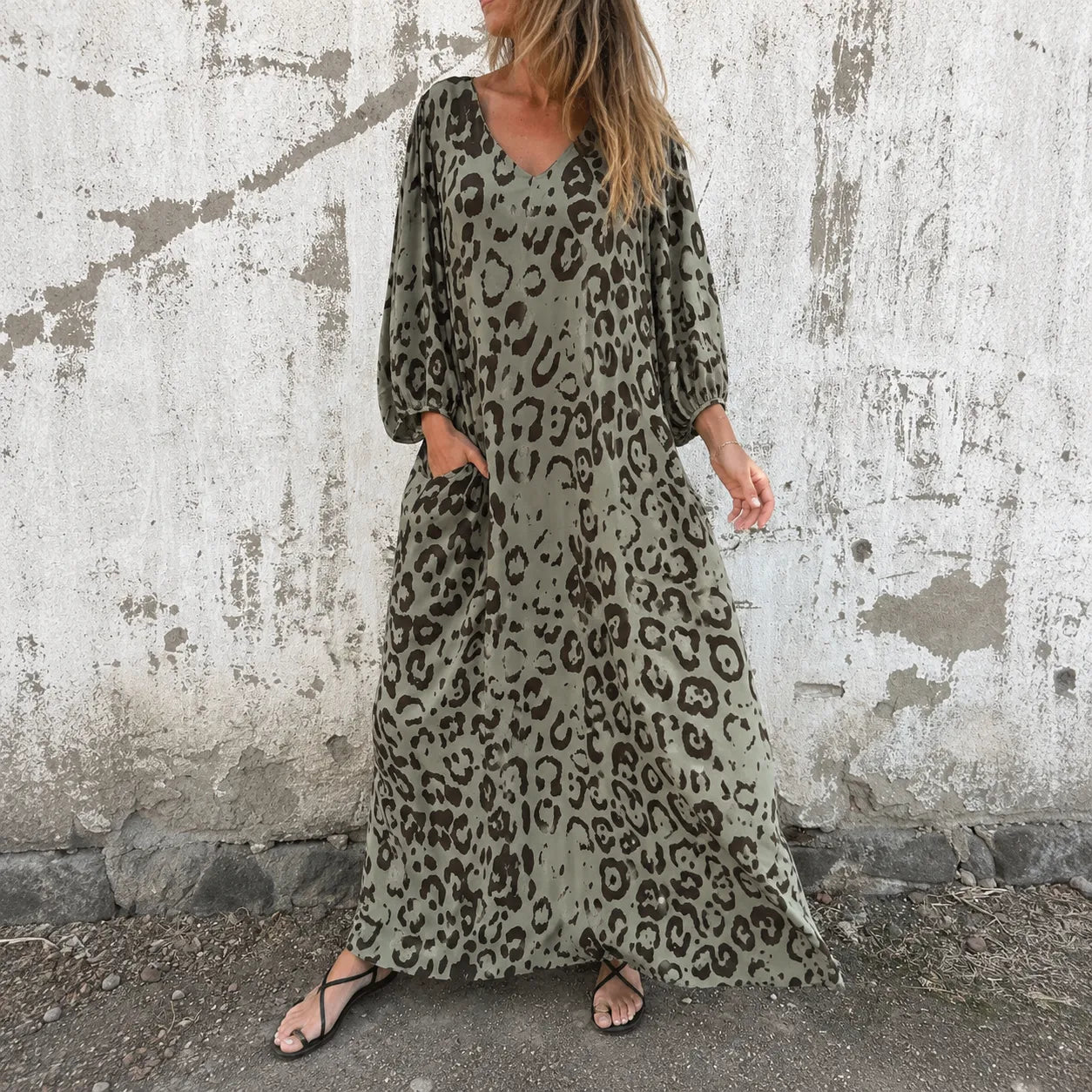 Lunavia – Leopard Print V-Neck Maxi Dress with Pockets, Loose Kaftan Fit, 4 Colors