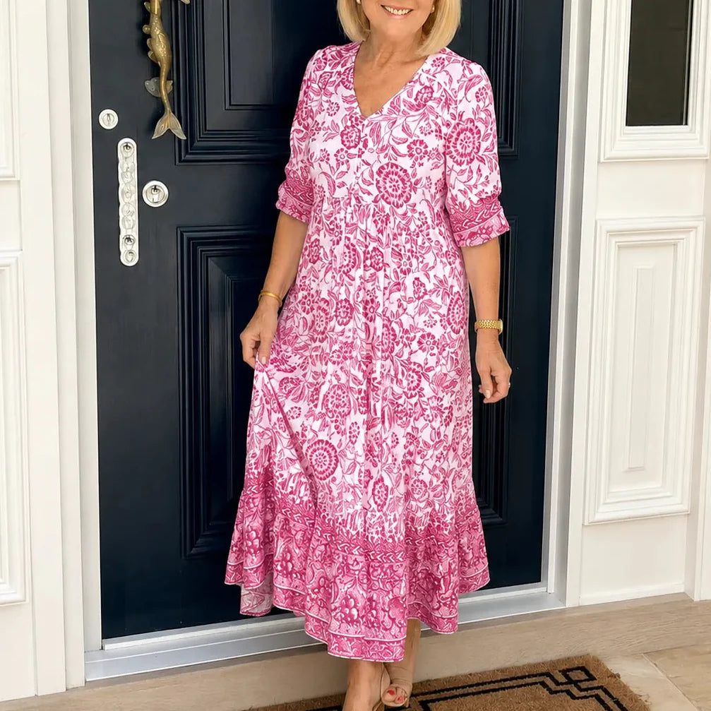 Florenza – Boho V-Neck Floral Midi Dress with Tiered Hem