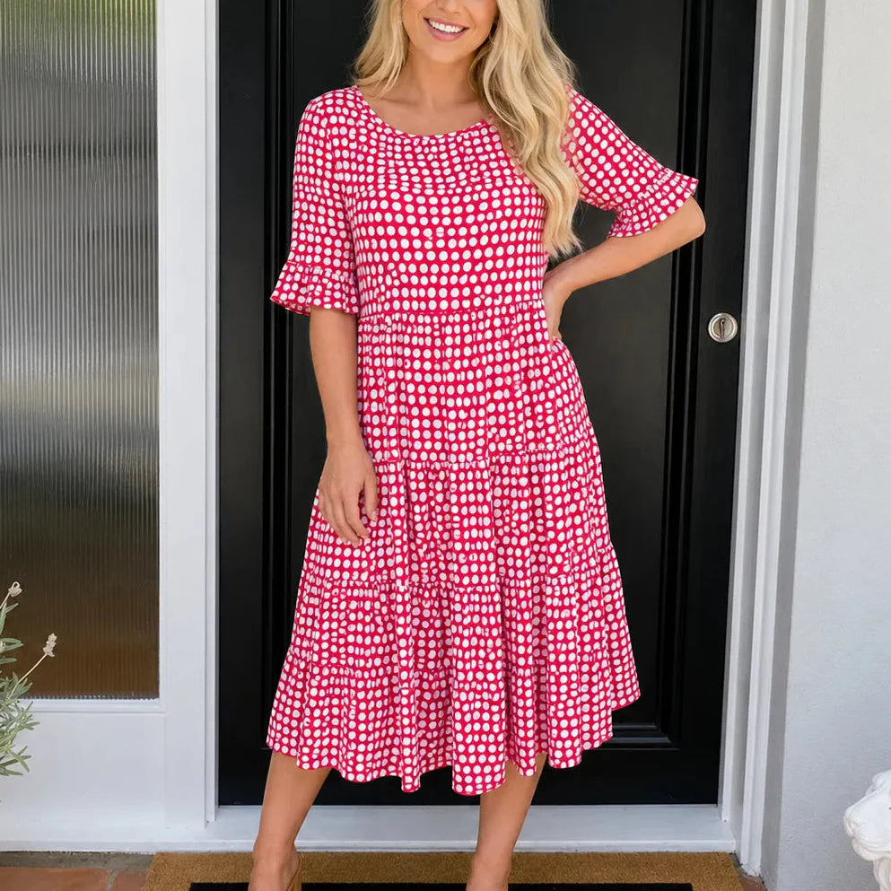 Soleluna – Tiered Polka Dot Midi Dress with Ruffle Sleeves