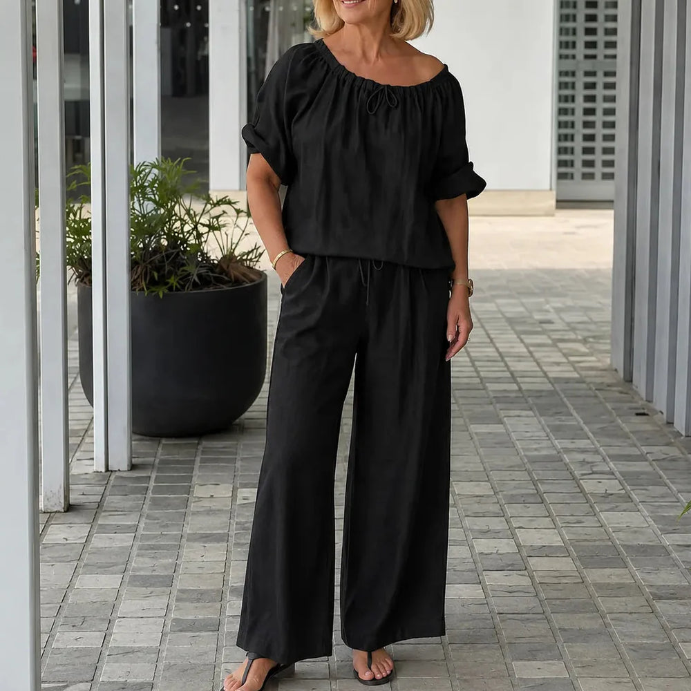 Soléne – Off-Shoulder Drawstring Top & Wide-Leg Pants 2-Piece Set