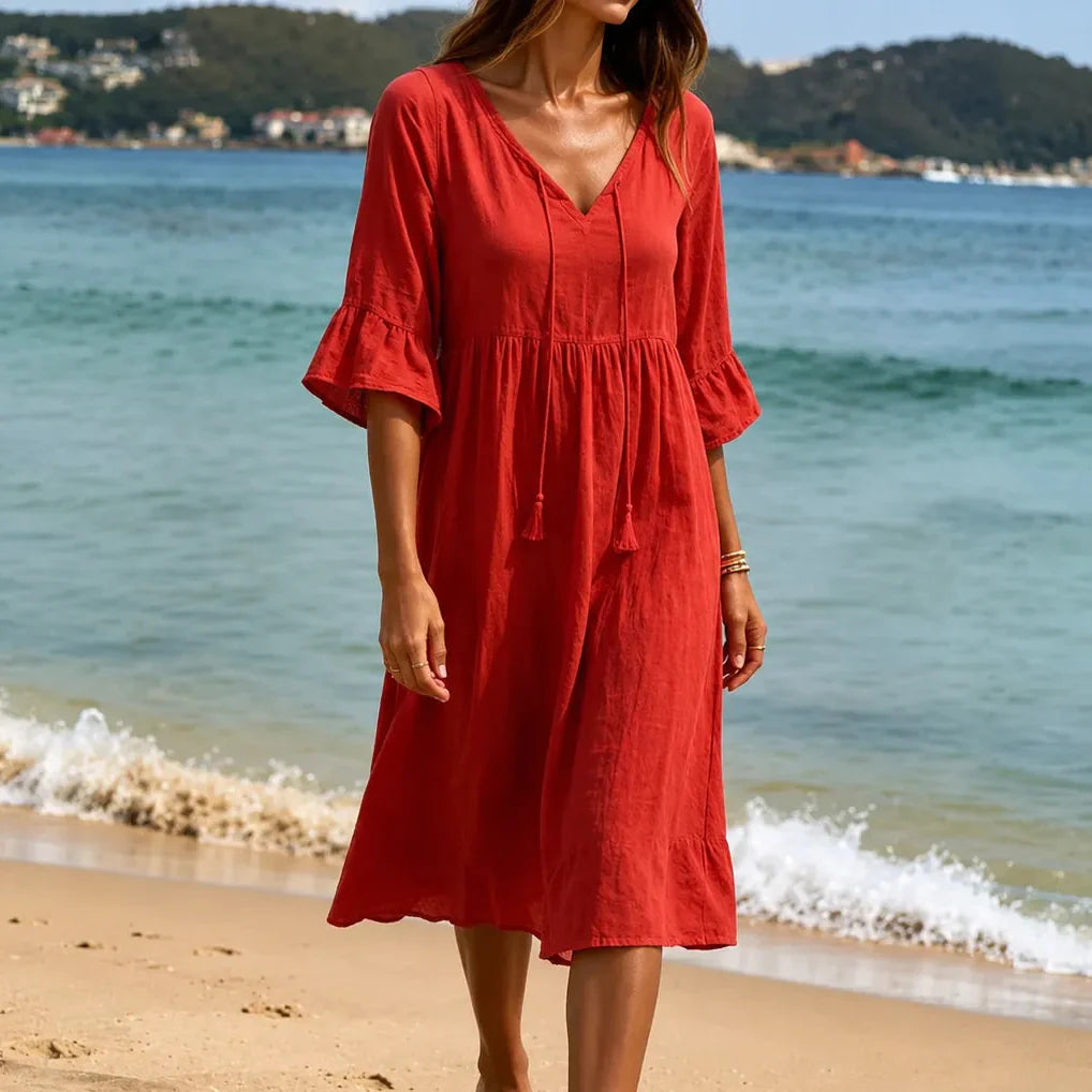 Soleia – Flowy Tiered V-Neck Midi Dress with Tassel Tie, Soft Feel, Half Sleeve