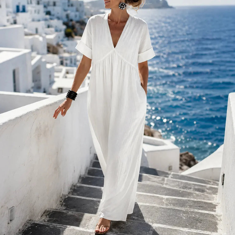 Mira Coast – Soft Maxi Dress with Oversized V-Neck and Pockets