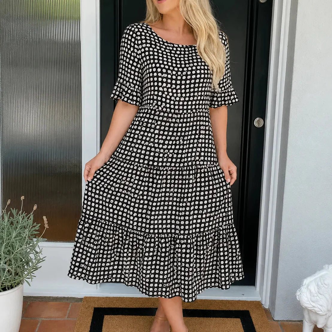 Soleluna – Tiered Polka Dot Midi Dress with Ruffle Sleeves