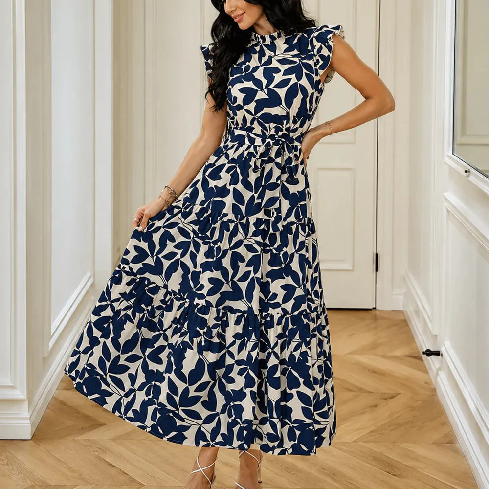 Sunlura – Flutter Sleeve Tie Waist Tiered Midi Dress, Summer Floral Print, Women's Casual Dress