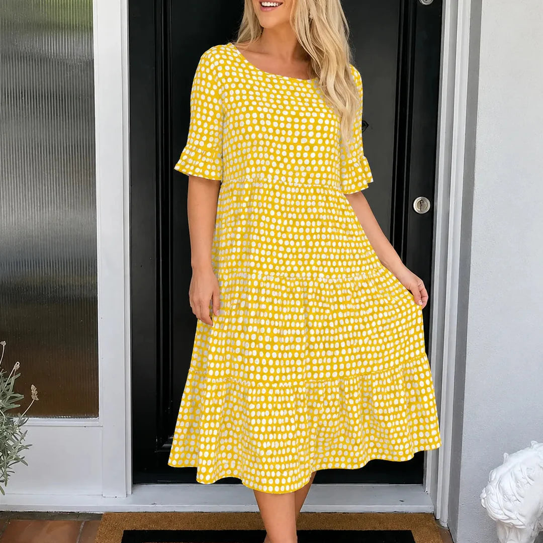 Soleluna – Tiered Polka Dot Midi Dress with Ruffle Sleeves