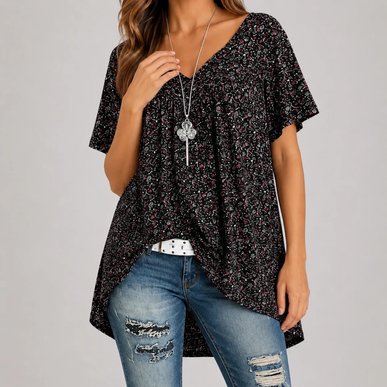 Florenza – Floral V-neck Short Sleeve Tunic Top for Women