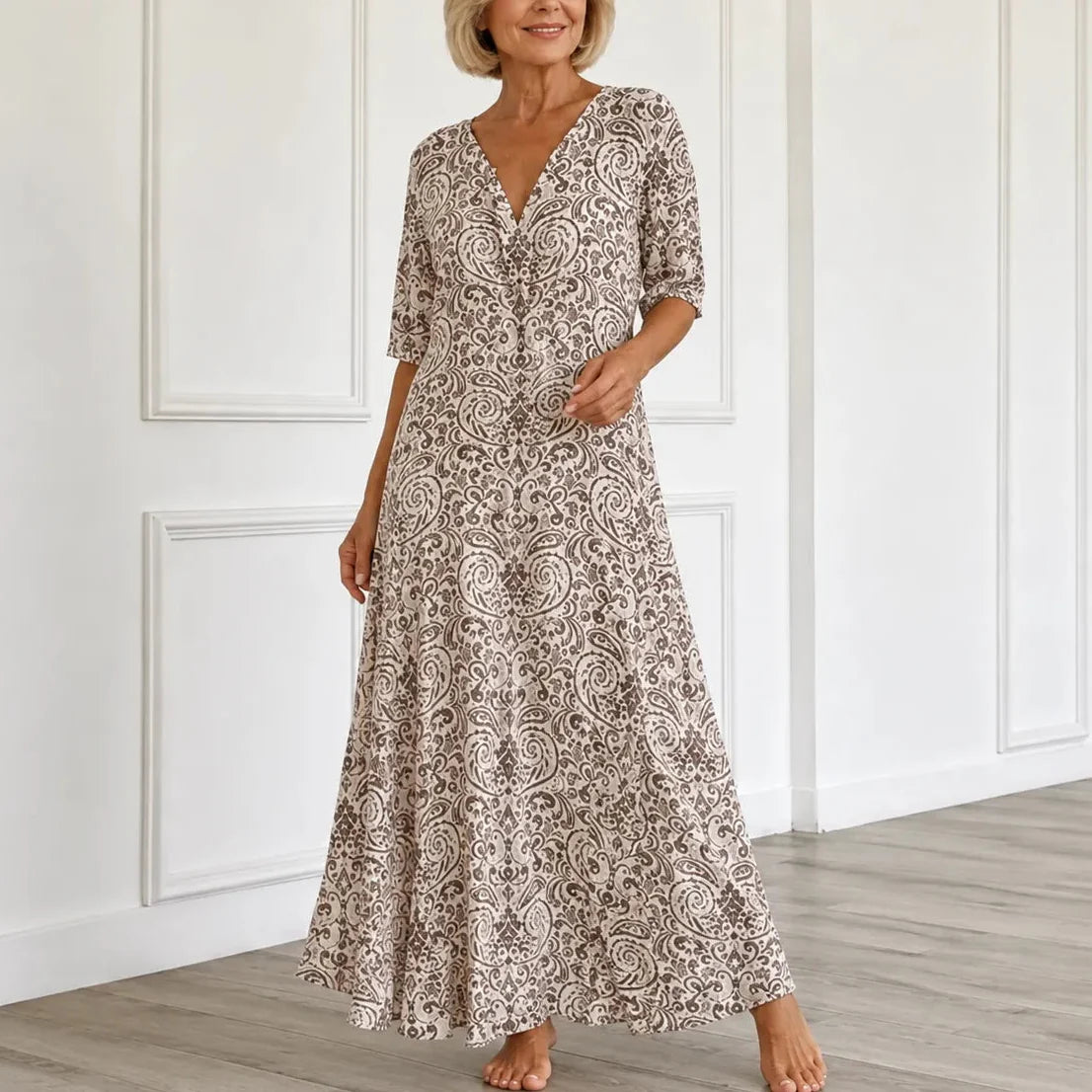 Florenza – Vintage Paisley V-Neck A-Line Maxi Dress with Half Sleeves