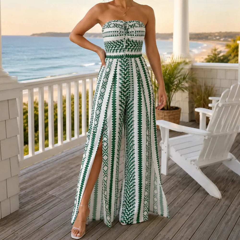 Soleia – Strapless Geometric Print Wide-Leg Jumpsuit with Side Slits