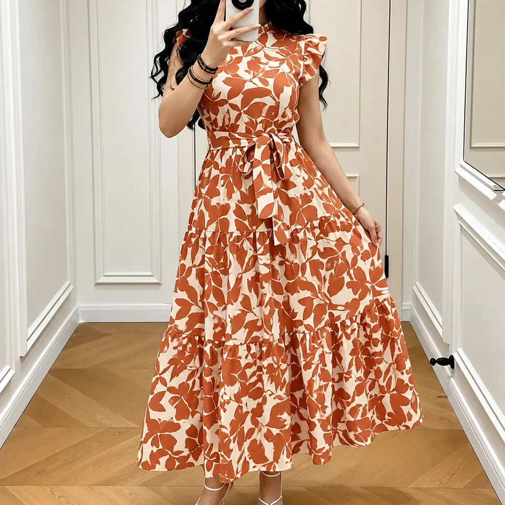 Sunlura – Flutter Sleeve Tie Waist Tiered Midi Dress, Summer Floral Print, Women's Casual Dress
