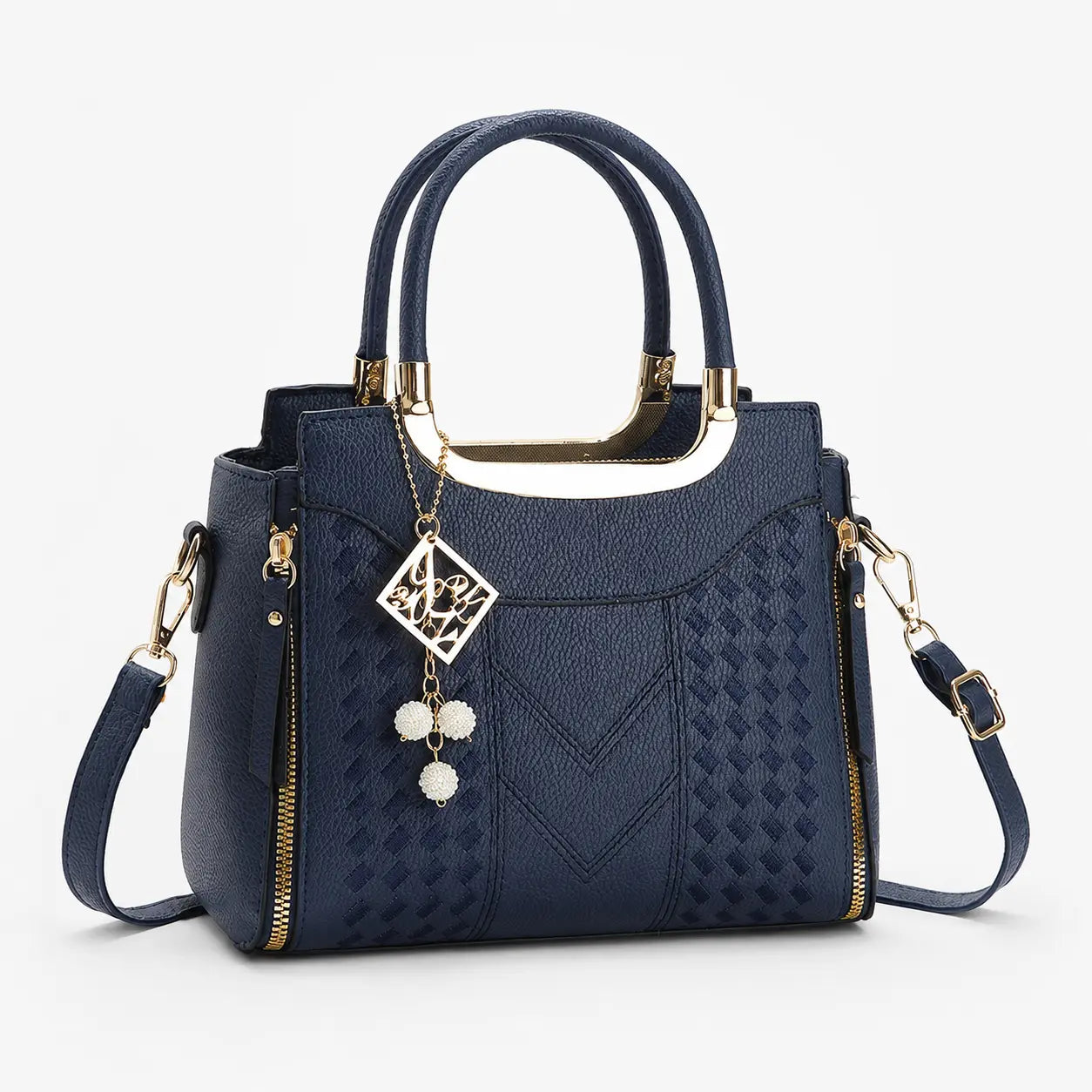 Velura – Structured Top Handle Satchel with Crossbody Strap, V-Stitch, Gold Hardware