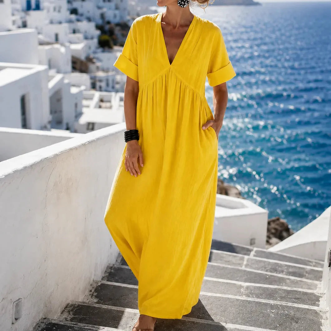 Mira Coast – Soft Maxi Dress with Oversized V-Neck and Pockets