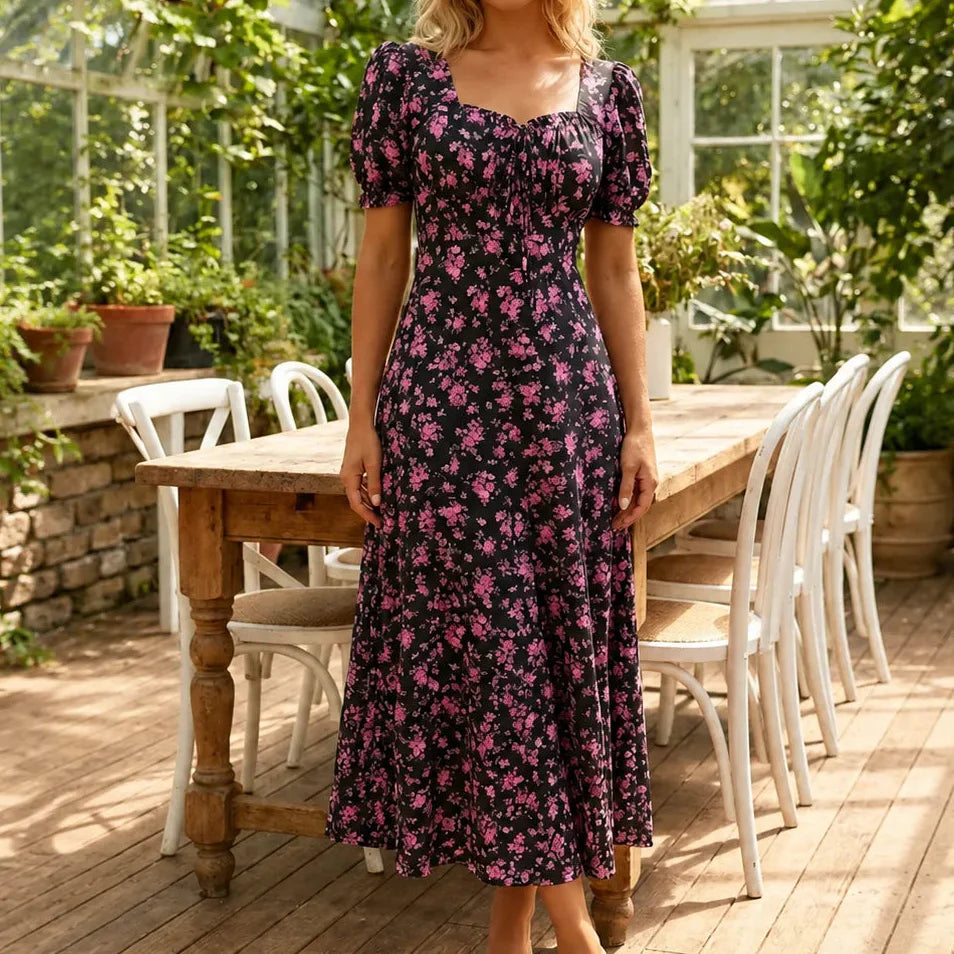 Maevra – Floral Midi Dress with Tie-Front Square Neckline