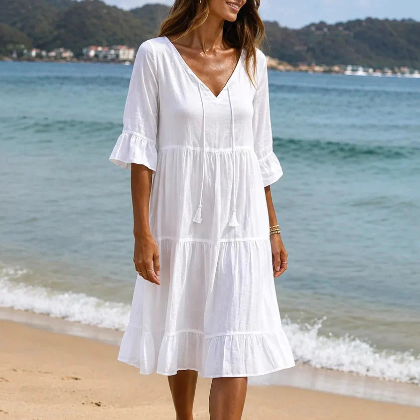 Soleia – Flowy Tiered V-Neck Midi Dress with Tassel Tie, Soft Feel, Half Sleeve