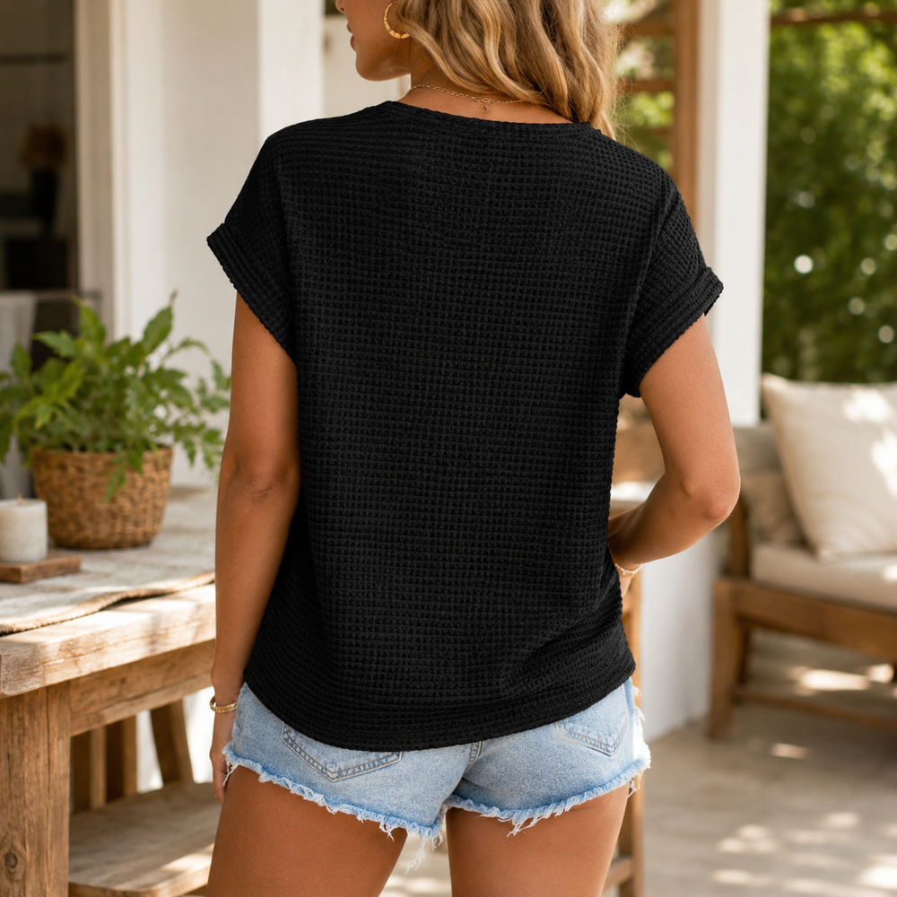 Wearbella – Open Knit Short Sleeve Top, Waffle Texture Spring Summer Blouse for Women