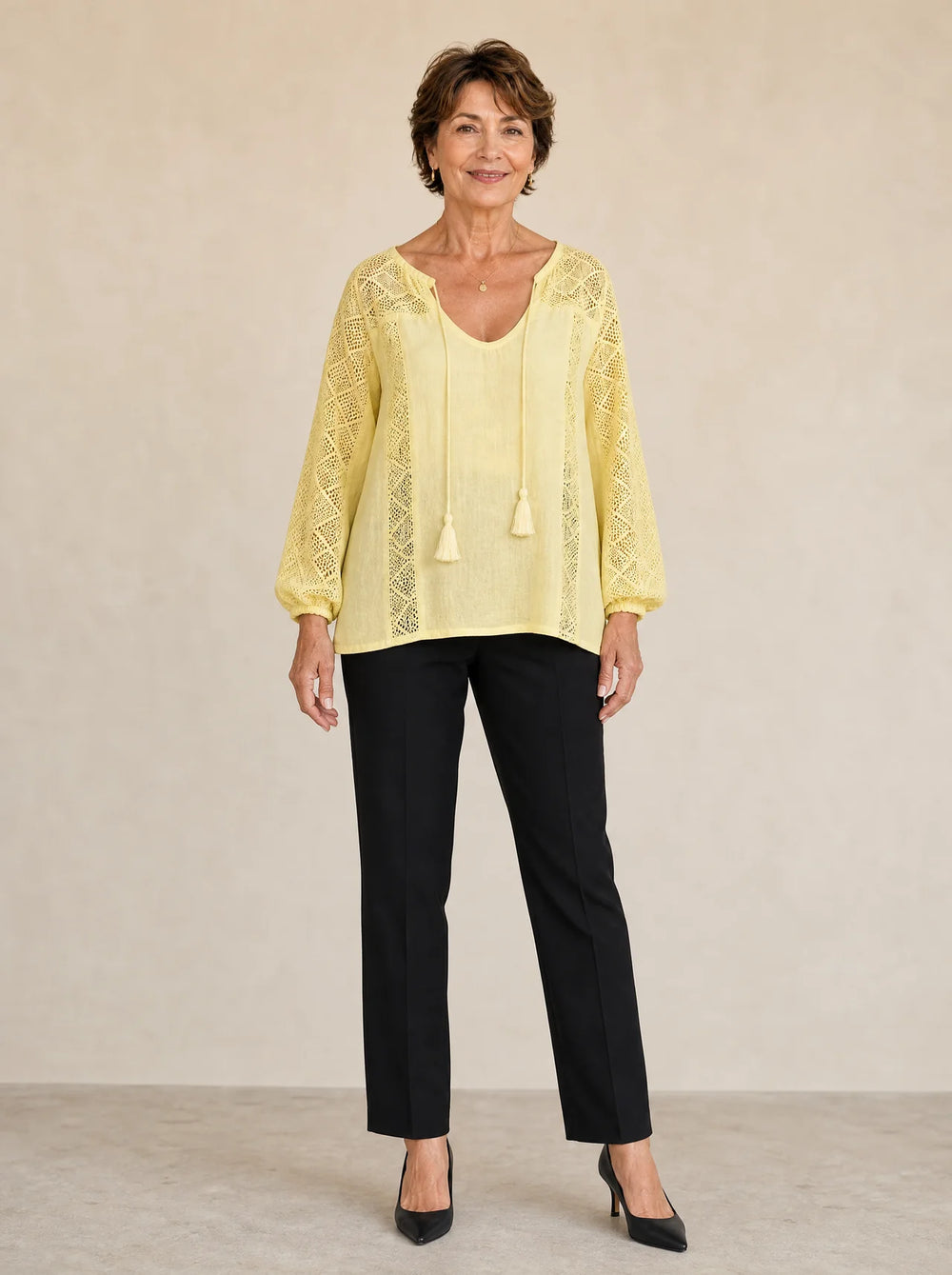 Soraya – Boho Lace Look Blouse with Tassel Tie U-Neck