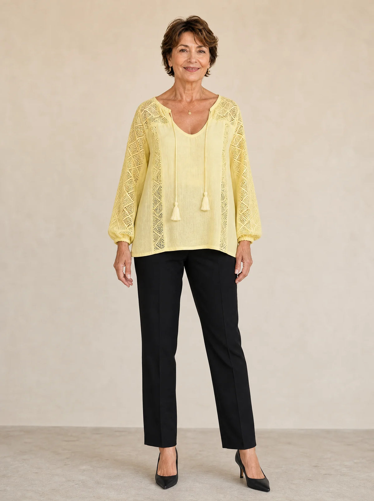 Soraya – Boho Lace Look Blouse with Tassel Tie U-Neck