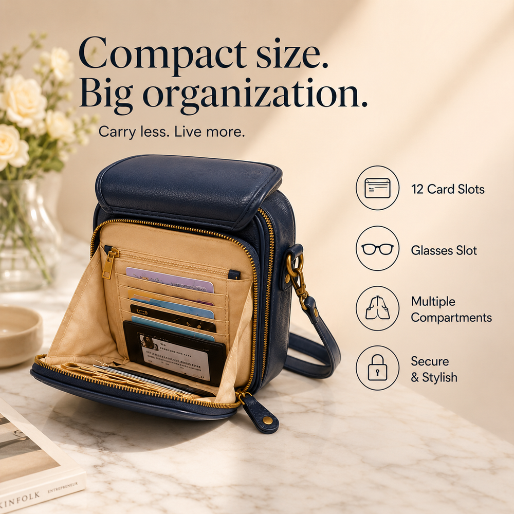 Solene – Structured PU crossbody bag with built-in wallet and glasses compartment