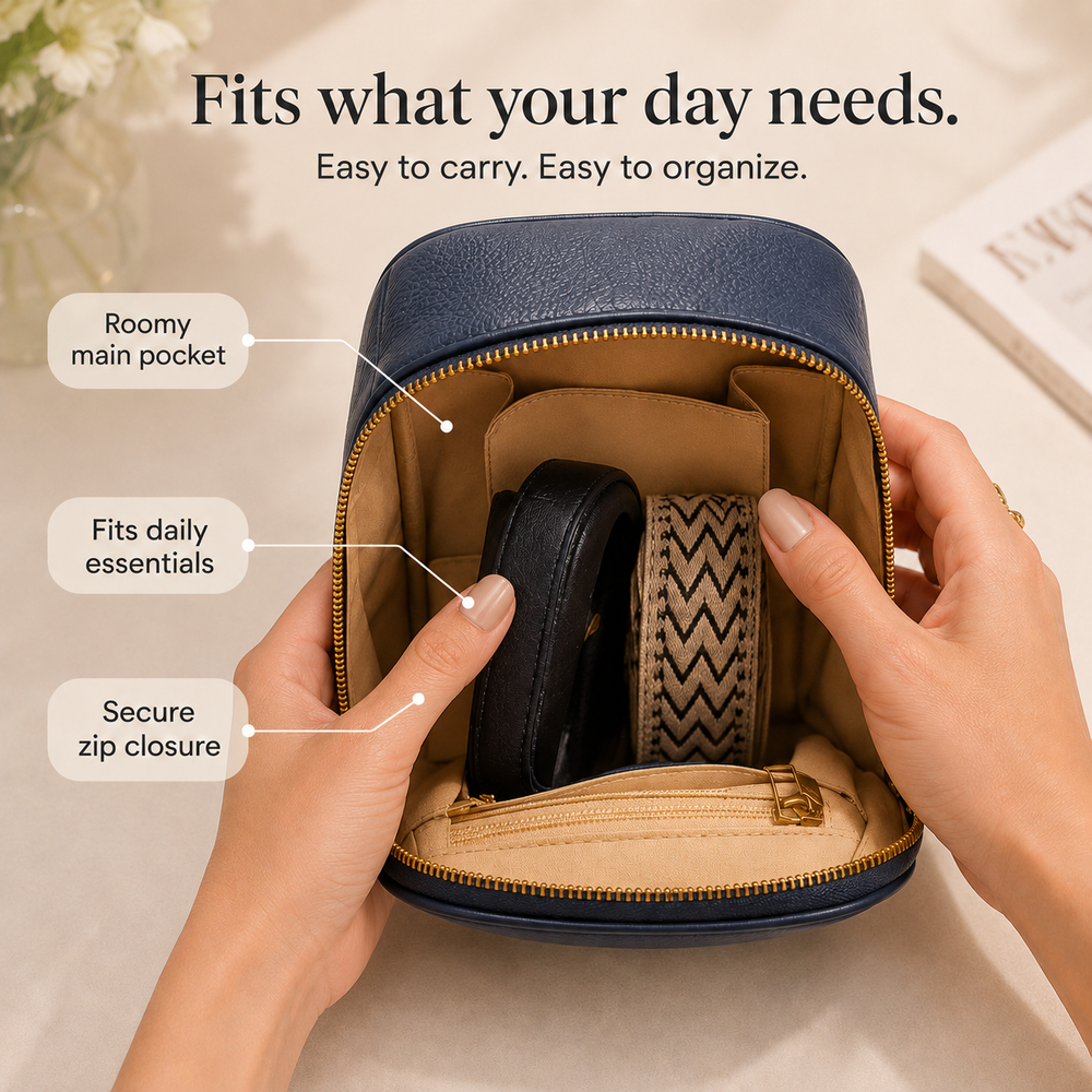Solene – Structured PU crossbody bag with built-in wallet and glasses compartment