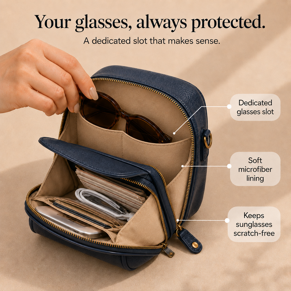Solene – Structured PU crossbody bag with built-in wallet and glasses compartment