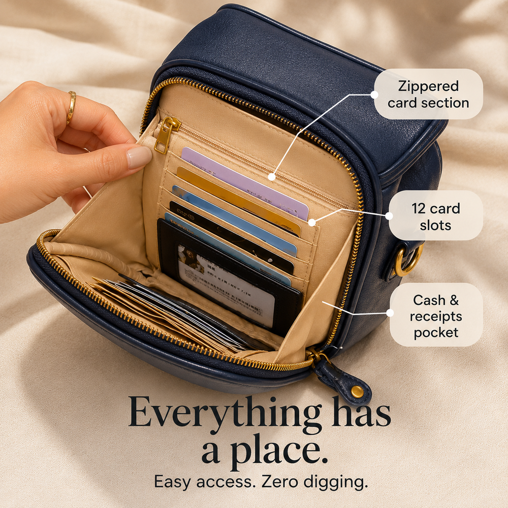 Solene – Structured PU crossbody bag with built-in wallet and glasses compartment