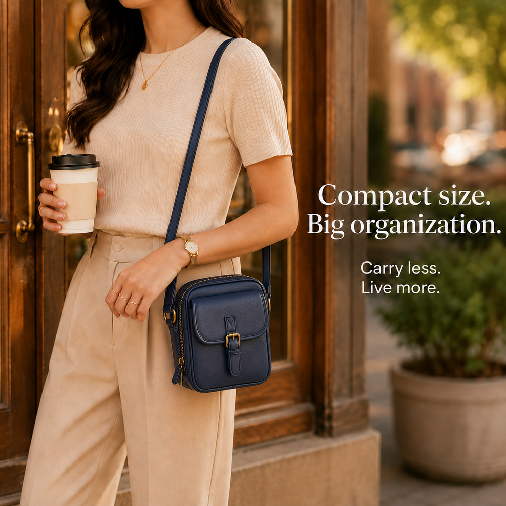 Solene – Structured PU crossbody bag with built-in wallet and glasses compartment