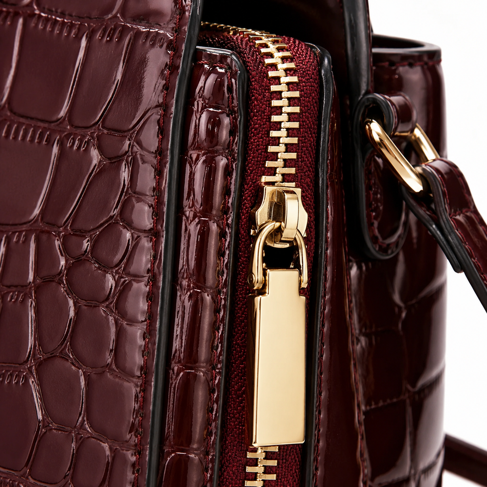 Velora – Glossy Croc Embossed Crossbody Handbag with Gold Hardware