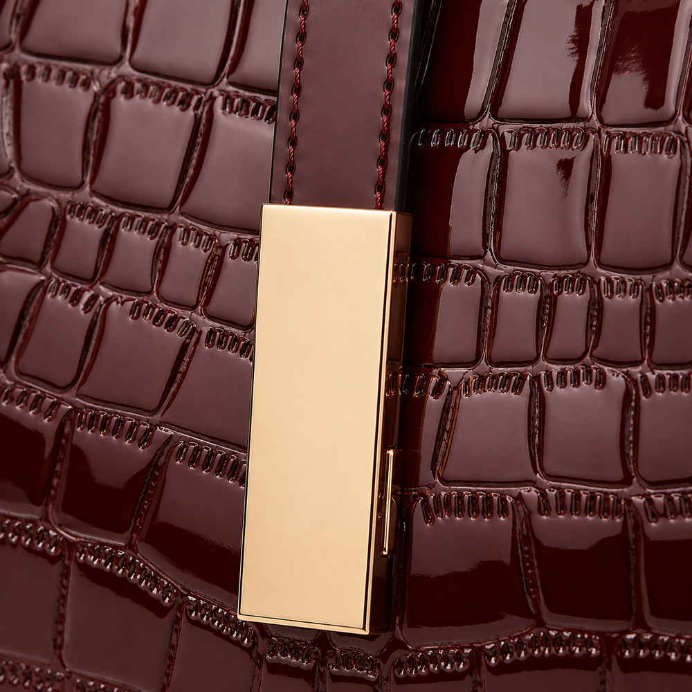 Velora – Glossy Croc Embossed Crossbody Handbag with Gold Hardware