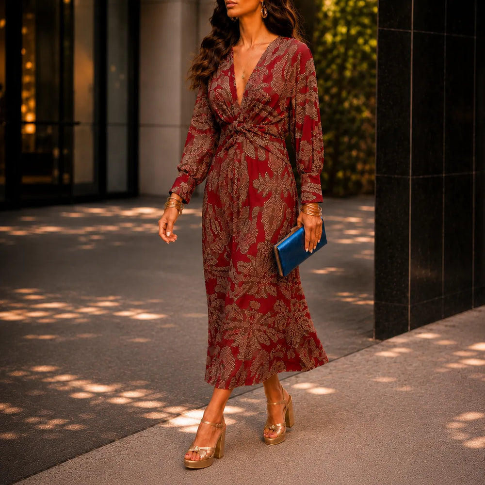Florenza – Baroque Print Twist-Front Wrap Midi Dress