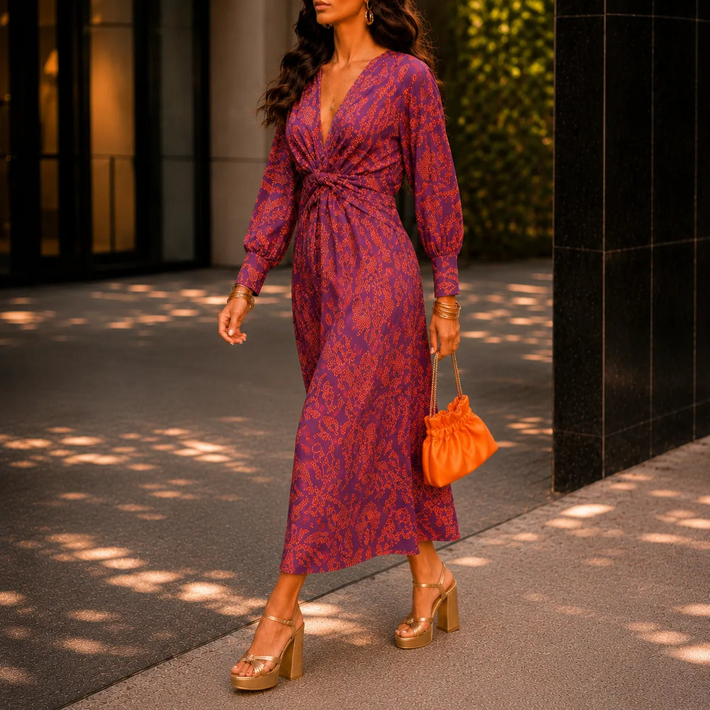 Florenza – Baroque Print Twist-Front Wrap Midi Dress