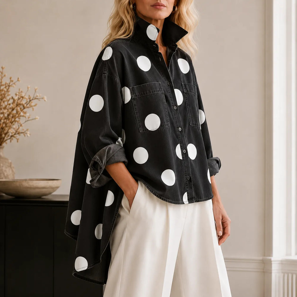 Marevelle – Oversized Polka Dot Denim Shirt with Stand Collar