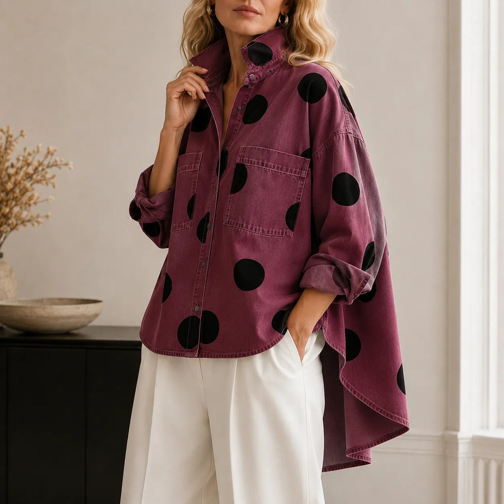 Marevelle – Oversized Polka Dot Denim Shirt with Stand Collar
