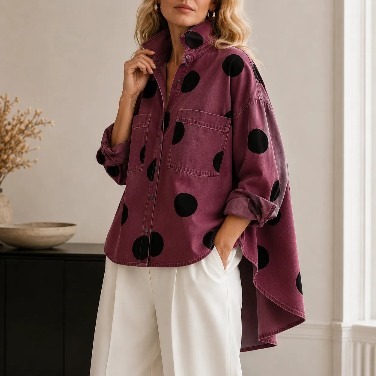 Marevelle – Oversized Polka Dot Denim Shirt with Stand Collar